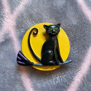RARE Vintage black cat riding broom pin